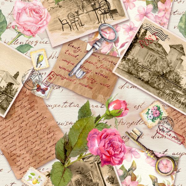 کاغذ قدیمی قدیمی با حروف دست نوشته پوز تمبر کلید و گل های رز آبرنگ برای کتاب ضایعات طراحی نوستالژیک الگوی بدون درز