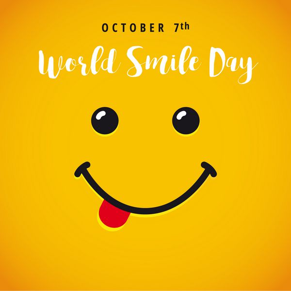 لبخند با زبان و حروف روز جهانی لبخند در پس زمینه زرد بنر روز جهانی لبخند