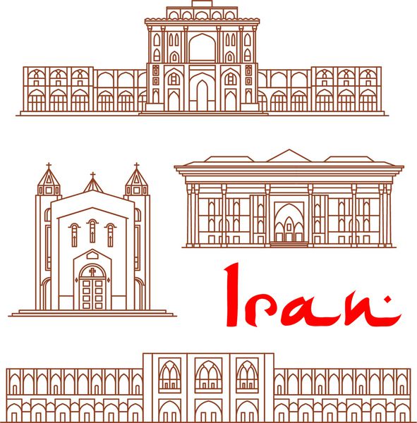 ایران وکتور آیکون های خط نازک علی قاپو پال کلیسای جامع سرکیس چهل ستون پل سی و سه پل ساختمان‌های معماری تاریخی مکان‌های دیدنی دیدنی نمادهای نمایشگاهی