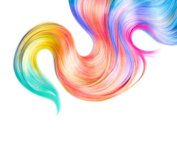 موهای چند رنگ جدا شده روی پس زمینه سفید نمای نزدیک قفل موهای رنگی سالم براق موهای رنگارنگ رنگ شده رنگ های پاستلی