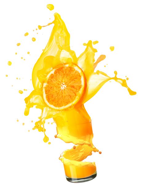 پاشیدن آب پرتقال با پرتقال در پس زمینه سفید