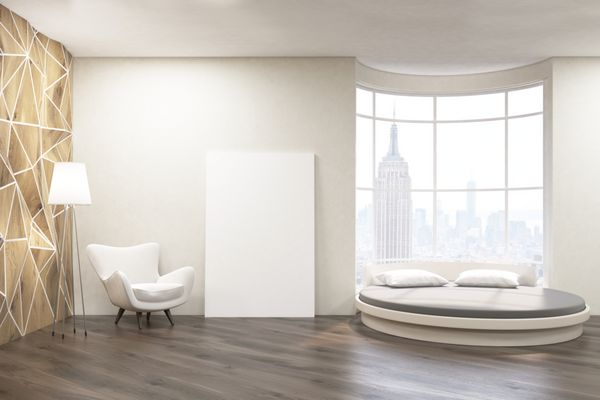اتاق خواب در نیویورک با تخت صندلی و پوستر عمودی مفهوم طراحی داخلی رندر سه بعدی