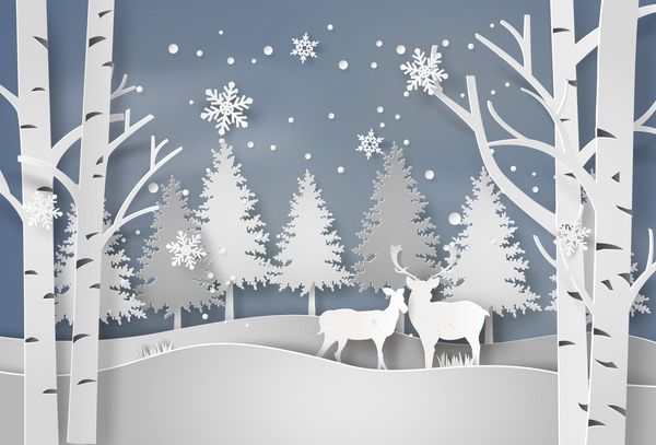 گوزن در جنگل با برف در فصل کریسمس و زمستان سبک هنر کاغذی