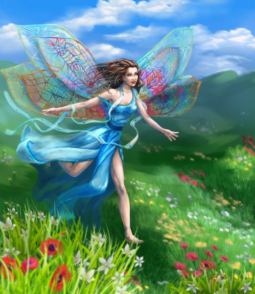 تصویرسازی فانتزی دختر شاد با بال های پری سنجاقک هایی با لباس بلند آبی روی گل علفزار در برابر باد می دود