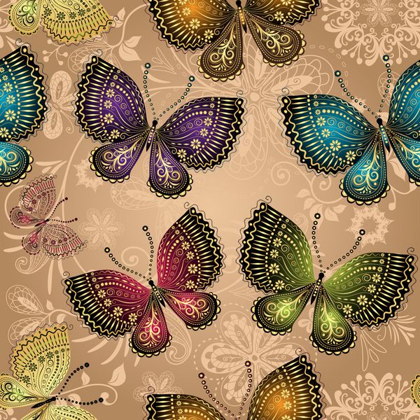 الگوی بژ یکپارچه با پروانه های رنگارنگ روشن و طرح گل توری روشن وکتور