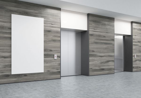 دو آسانسور بسته با دکمه در راهرو با دیوارهای چوبی پوستر عمودی اندازه آسانسور در وسط آویزان است مفهوم داخلی مرکز اداری رندر سه بعدی مدل آزمایشگاهی ماکت