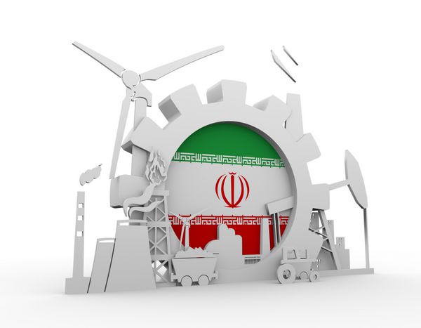 نمادهای انرژی و نیرو با پرچم ایران تنظیم شده است تولید انرژی پایدار و صنایع سنگین رندر سه بعدی