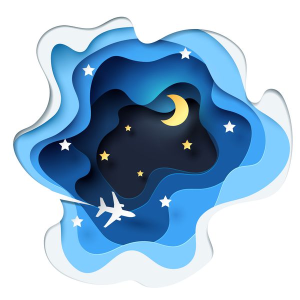 چکیده هواپیمای کاغذی کوچکی که در شب از میان ابر به آسمان پرواز می کند مفهوم هنر کاغذی و ایده گردشگری هنر وکتور و تصویر