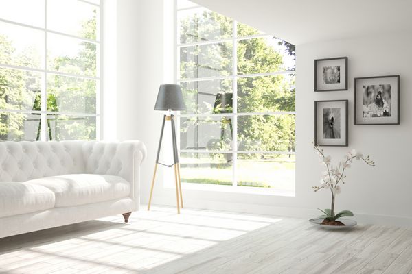 اتاق سفید با مبل طراحی داخلی اسکاندیناوی تصویر سه بعدی
