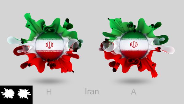 پرچم ایران با فوتبال فوتبال جدا شده در زمینه خاکستری مفهوم اسپلش تیم آسیا تصویر سه بعدی