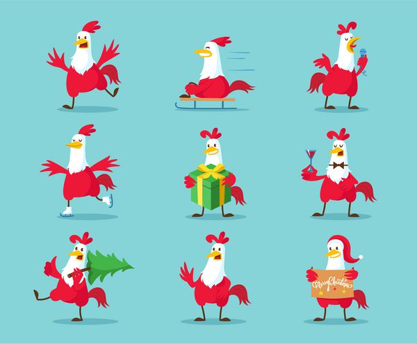 کلیپ‌پارت وکتور خروس کارتونی زیبا خروس های قرمز خنده دار در حالت های مختلف جدا شده در پس زمینه حیوان مزرعه نماد سال نو 2017