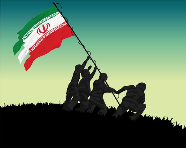 تصویر سرباز در حال برافراشتن پرچم ایران بر روی تپه