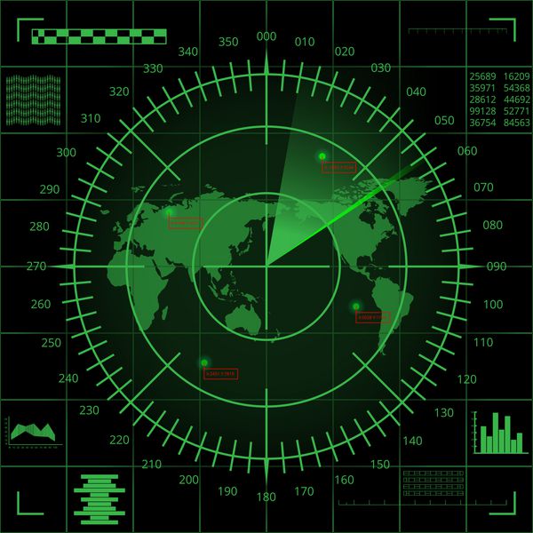 صفحه رادار سبز دیجیتال انتزاعی با نقشه جهان اهداف و رابط کاربری آینده نگر در پس زمینه سیاه