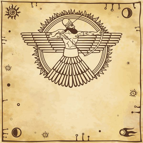 تصویر یک خدای باستانی کماندار بالدار پس زمینه - تقلید از وکتور نمادهای قدیمی paper sp