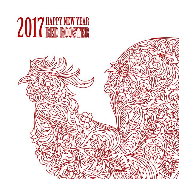 وکتور از خروس نماد سال 2017 در تقویم چینی شبح قرمز تزئین شده با الگوهای گل عنصر وکتور برای طراحی سال جدید چاپ تک رنگ