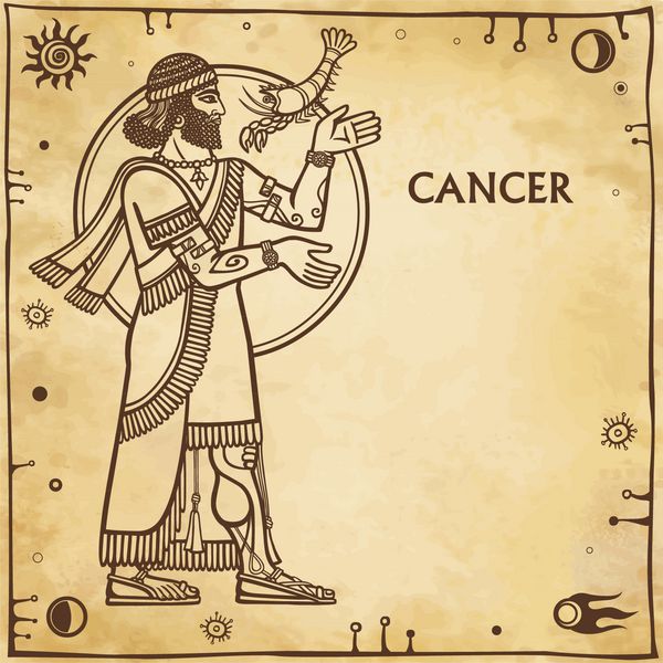 سرطان علامت زودیاک طراحی بر اساس انگیزه های هنر سومری رشد کامل پس زمینه - تقلید از کاغذ قدیمی نمادهای sp pl برای متن وکتور