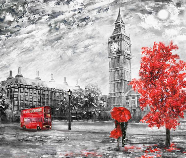نقاشی رنگ روغن روی بوم نمای خیابان لندن اثر هنری بیگ بن زن و مرد زیر یک چتر قرمز اتوبوس و جاده درخت انگلستان