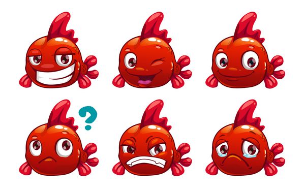 شخصیت خنده دار کارتونی ماهی قرمز با احساسات مختلف روی f مجموعه وکتور جدا شده روی سفید