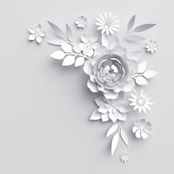 رندر سه بعدی تصاویر دیجیتال پس زمینه گل کاغذی سفید تزیین عروسی دسته گل عروس الگوی کارت تبریک دکور دیوار گلدار