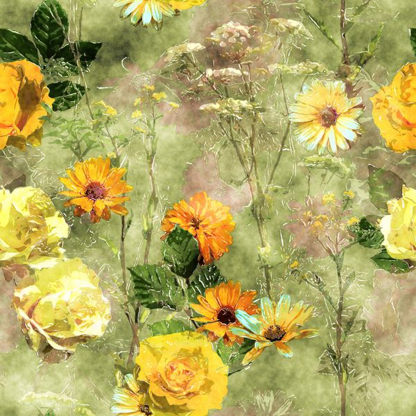 الگوی گلدار آبرنگ وینتیج هنری با گل های رز طلایی زرد و زرد گل صد تومانی ستاره برگ و علف در پس زمینه سبز