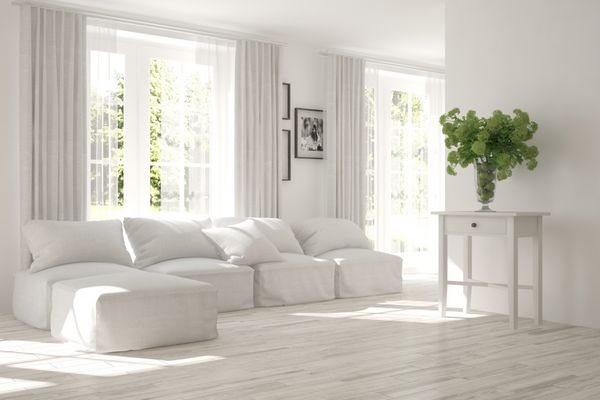 اتاق سفید با مبل و منظره سبز در پنجره طراحی داخلی اسکاندیناوی تصویر سه بعدی
