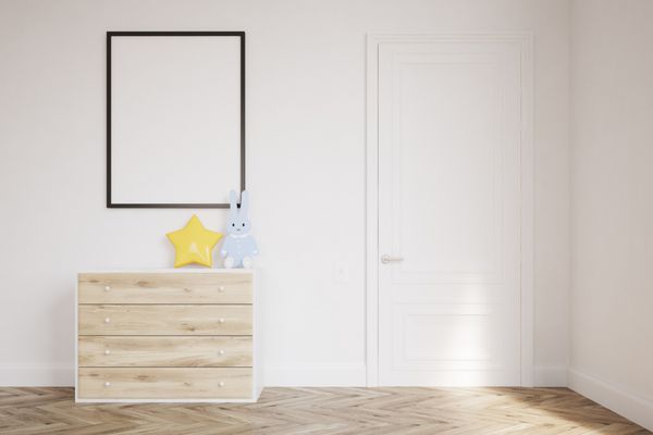 فضای داخلی اتاق کودک با مجموعه ای از کشوها یک پوستر قاب عمودی و یک خرگوش که نزدیک یک ستاره نشسته است رندر سه بعدی مدل آزمایشگاهی ماکت