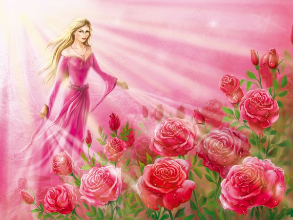 تصویرسازی فانتزی دختری با لباس صورتی بلند نخی از نور را در میان گل های رز حمل می کند