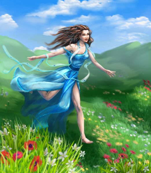 تصویرسازی فانتزی دختر شادی با لباس بلند آبی روی گل علفزار در برابر باد می دود