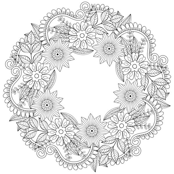 تاج گل ابله به سبک zentangle قاب دایره ای ساخته شده از گل پس زمینه طرح دار یا صفحه رنگ آمیزی بزرگسالان هنر درمانی مجموعه بهار و تابستان الگوی دعوت