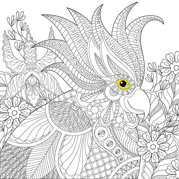 طوطی عجیب و غریب zentangle atoo برای صفحات رنگ آمیزی ضد استرس بزرگسالان کتاب سر پرنده در گل های گرمسیری برای هنر درمانی کارت تبریک تصویر طرح دار طراحی شده با دست