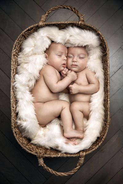 دو نوزاد دوقلو کوچک دراز کشیده و