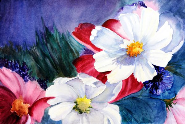نقاشی آبرنگ گلهای کیهانی
