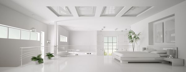 نمای داخلی اتاق خواب سفید پانوراما سه بعدی