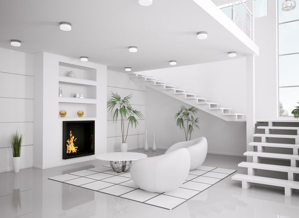 فضای داخلی سفید مدرن اتاق نشیمن با رندر سه بعدی شومینه و راه پله