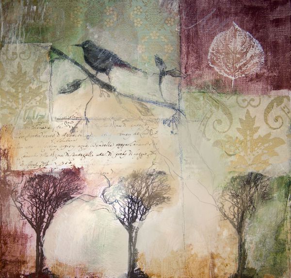 نقاشی لایه‌ای ترکیبی با پرنده و درختان زمستانی سبک نقاشی تصاویر محو و حجاب