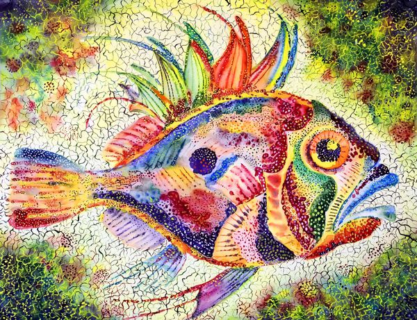 ماهی روشن با چشمی بزرگ و باله های خاردار که روی کاغذ آب رنگی رنگ آب رنگ کشیده شده است
