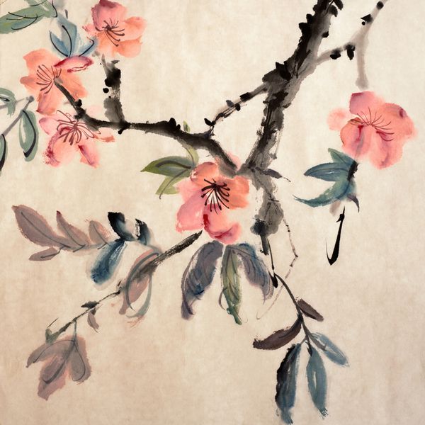 نقاشی چینی از گل ها شکوه صبحگاهی روی کاغذ هنری