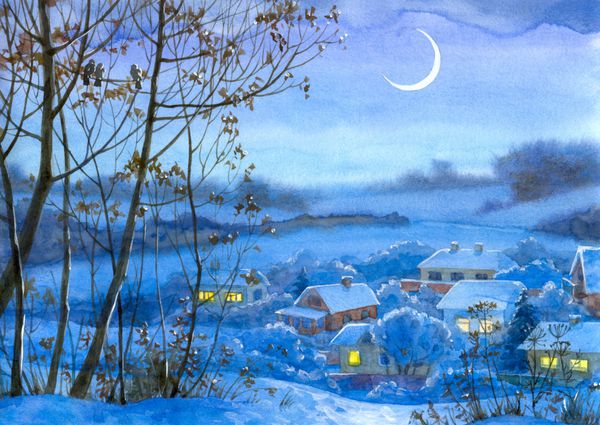 منظره آبرنگ پنجره های روشن در خانه های شب برفی آرام زمستان