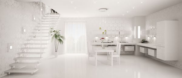 طراحی داخلی آشپزخانه مدرن سفید پانوراما رندر سه بعدی