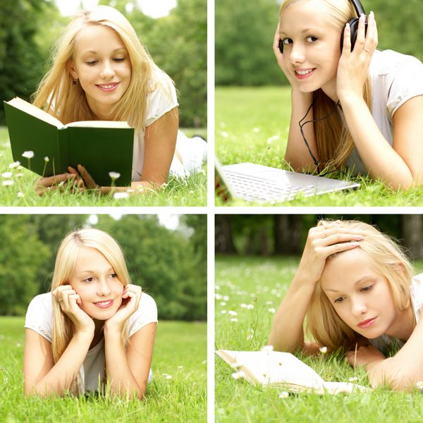دختر جوان زیبا در حال خواندن کتاب در فضای باز