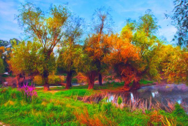 نقاشی منظره که تمام زیبایی رنگ های پاییزی را نشان می دهد