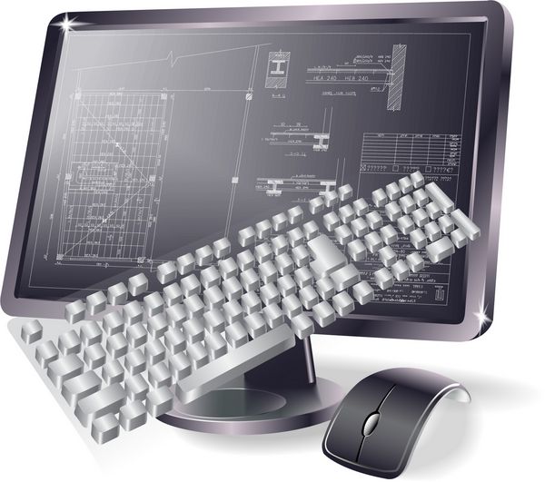 مانیتور کامپیوتر با طرح های اولیه در صفحه نمایش ماوس و صفحه کلید پس زمینه وکتور