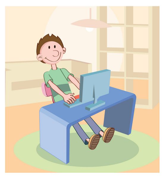 پسری روی صندلی نشسته و روی میز کامپیوتر کار می کند