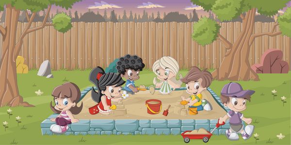 بچه های کارتونی شاد و ناز در حال بازی در جعبه شنی در حیاط خلوت