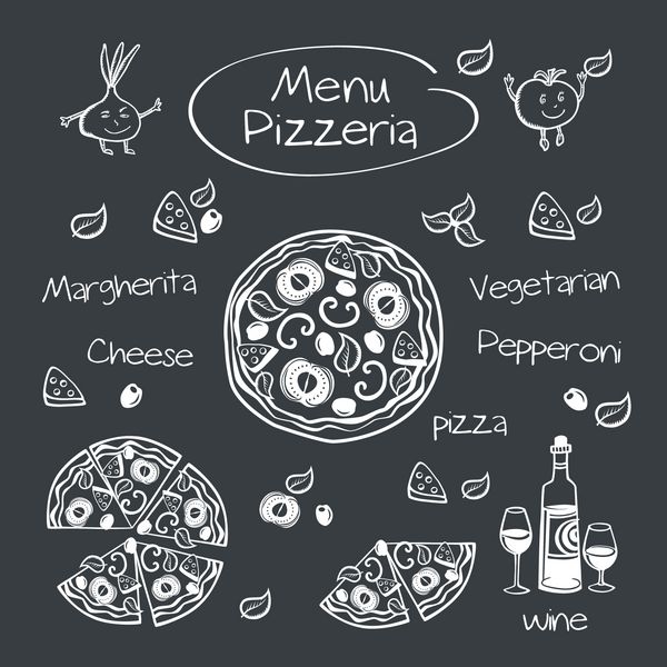 منو پیتزا فروشی نقاشی با گچ روی تخته سیاه
