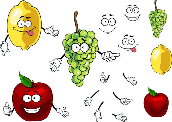 کارتونی خندان میوه های سیب انگور و لیمو