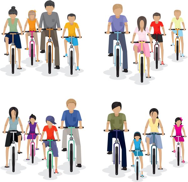خانواده های دوچرخه سوار - جدا شده در پس زمینه سفید