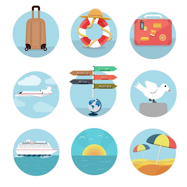 مجموعه آیکون های سفر و برنامه ریزی برای تعطیلات تابستانی