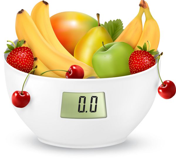 میوه با ترازو دیجیتال وزن مفهوم رژیم غذایی بردار