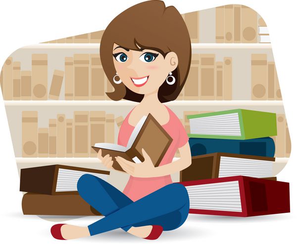 کارتونی دختر ناز در حال خواندن کتاب در کتابخانه